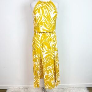 VERONICA M YELLOW WHITE SLEEVELESS SMOCKED WAIST HALTER DRESS WOMENS SZ MEDIUM
